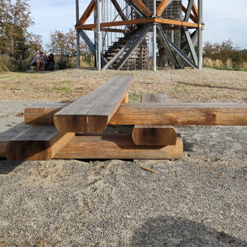 Picknicktafel Jura 15 Organisch vormgegeven eikenhouten picknicktafel opgebouwd uit massief eiken balken in openbare ruimte